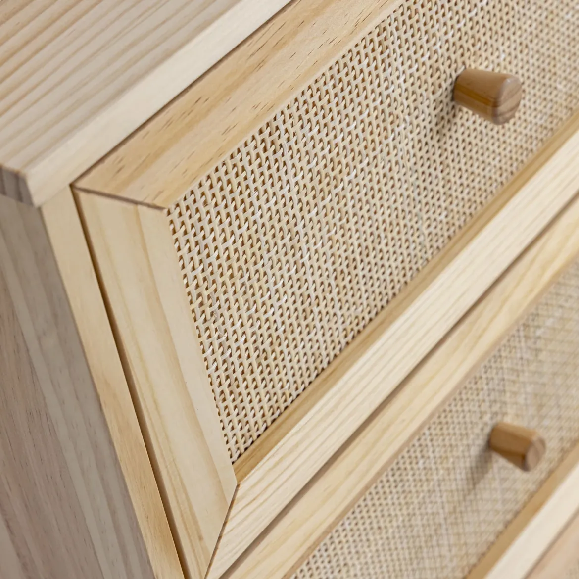Chambre complète lit cannage avec commode et 2 chevets bois naturel ANNA