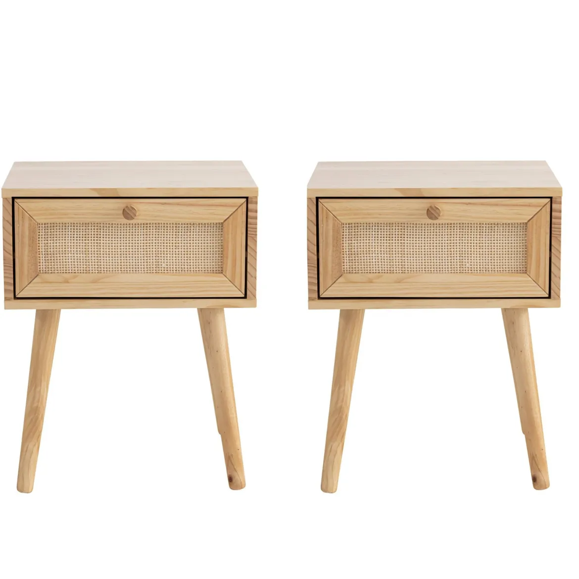 Chambre complète lit cannage avec commode et 2 chevets bois naturel ANNA