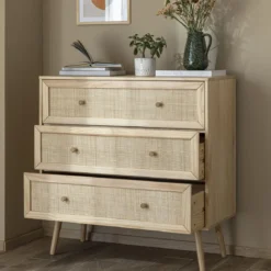 Chambre complète lit cannage avec commode et 2 chevets bois naturel ANNA