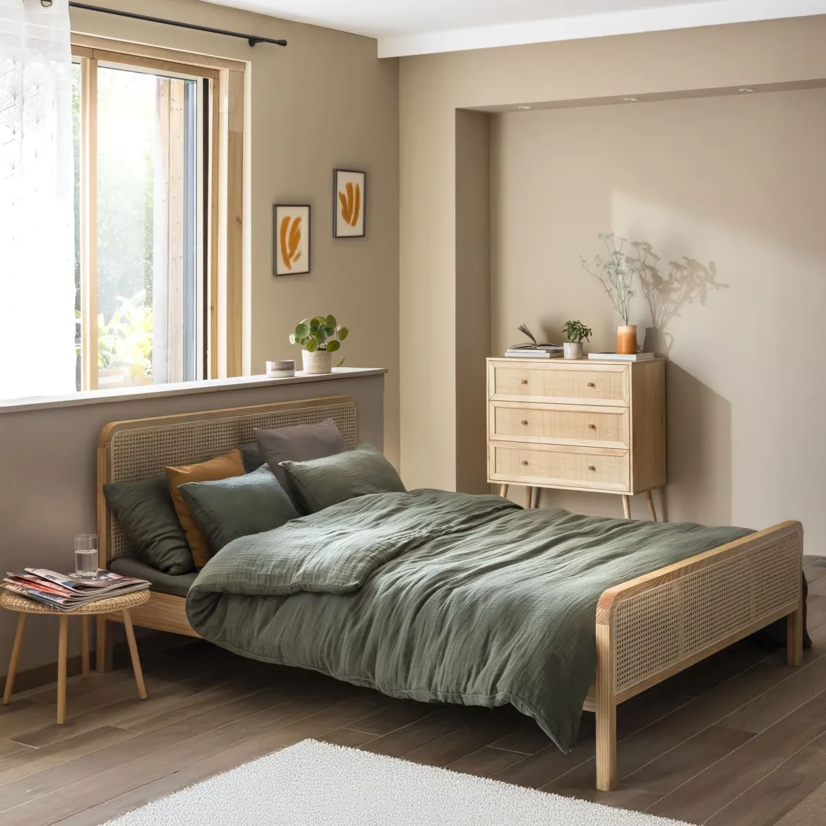 Chambre lit cannage avec commode ANNA