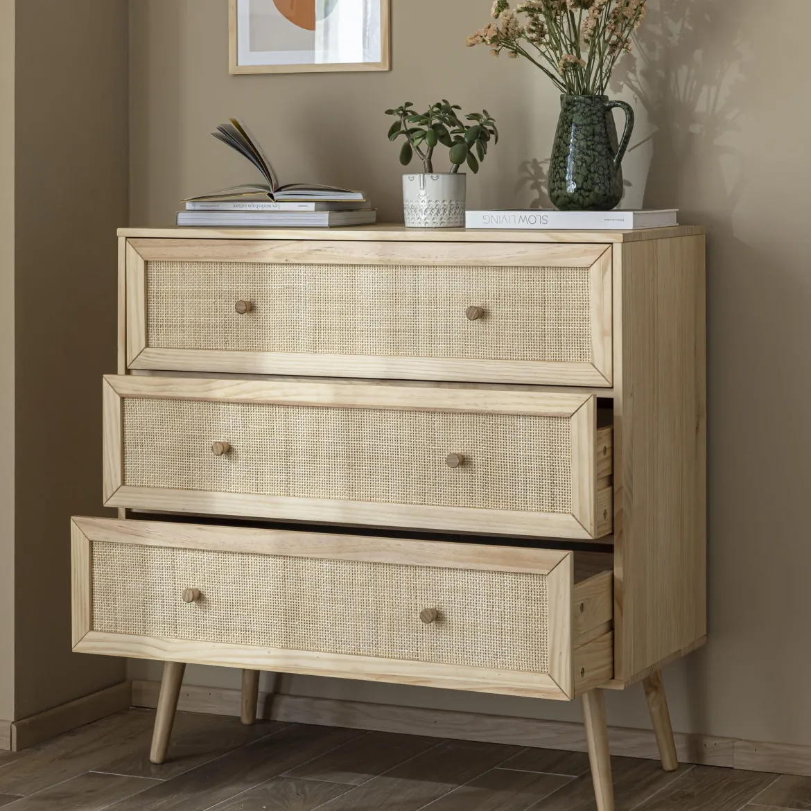 Chambre lit cannage enfant avec commode bois naturel ANNA