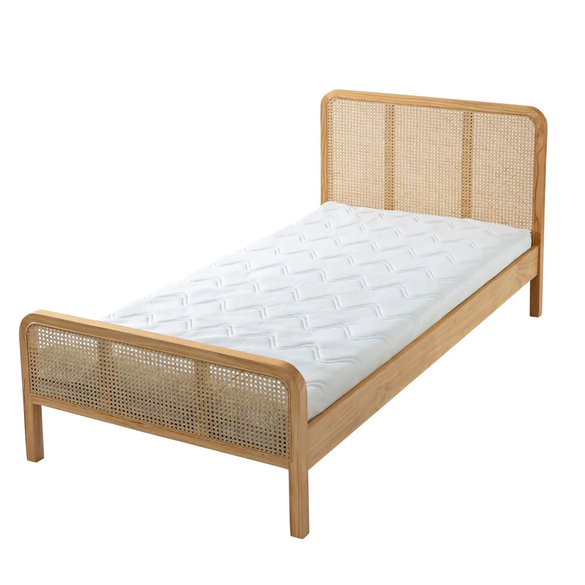 Chambre lit cannage enfant et chevet bois naturel ANNA