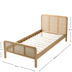Chambre lit cannage enfant et chevet bois naturel ANNA