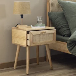 Chambre lit cannage enfant et chevet bois naturel ANNA