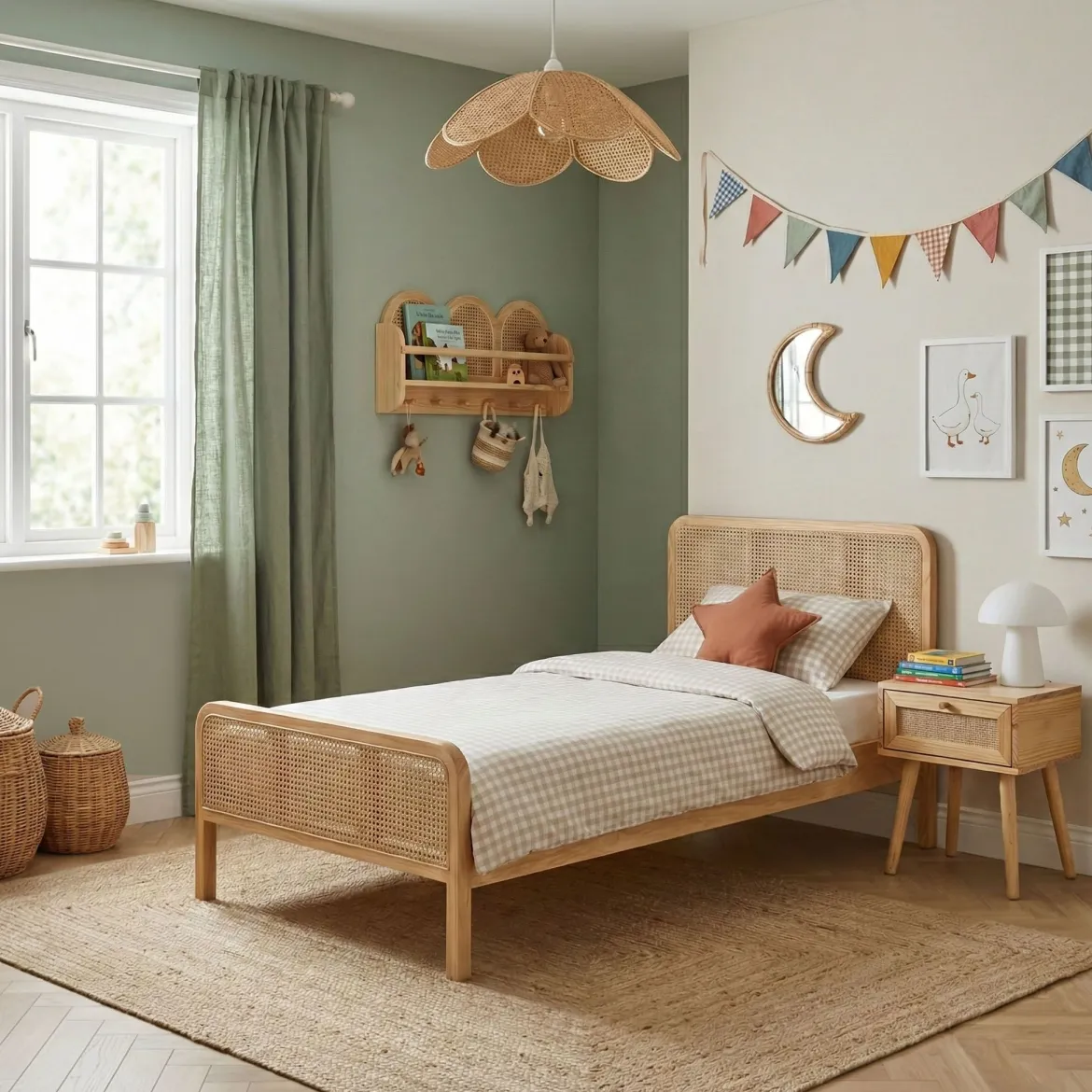 Chambre lit cannage enfant et chevet bois naturel ANNA