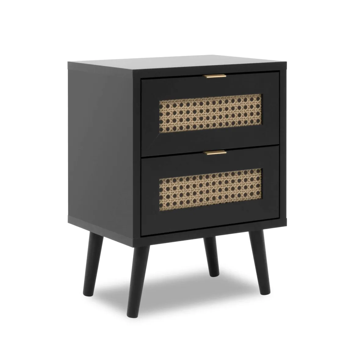 Chevet 2 tiroirs en bois noir impression cannage - CH7072
