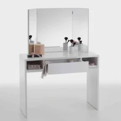 Coiffeuse avec miroir et rangements en bois blanc - CF13022