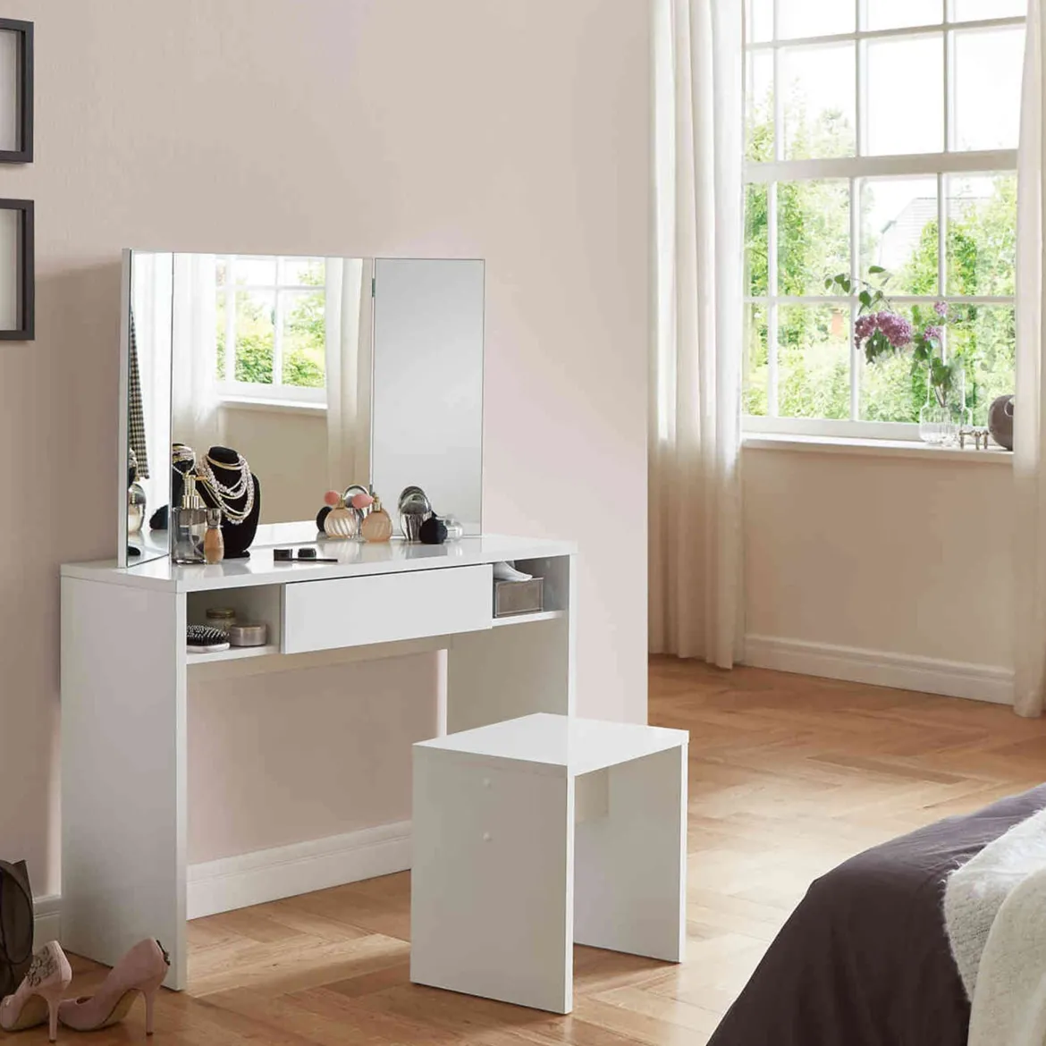 Coiffeuse avec miroir et rangements en bois blanc - CF13022