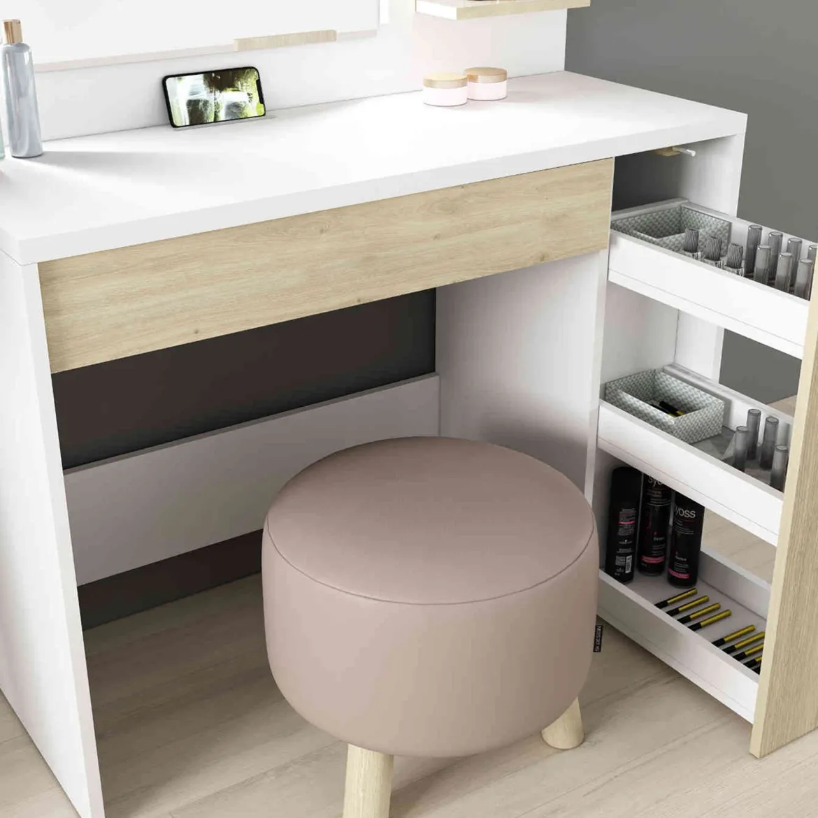 Coiffeuse enfant avec miroir en bois blanc et imitation chêne - CF9009