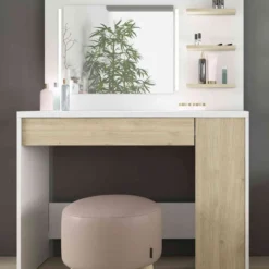 Coiffeuse enfant avec miroir en bois blanc et imitation chêne - CF9009