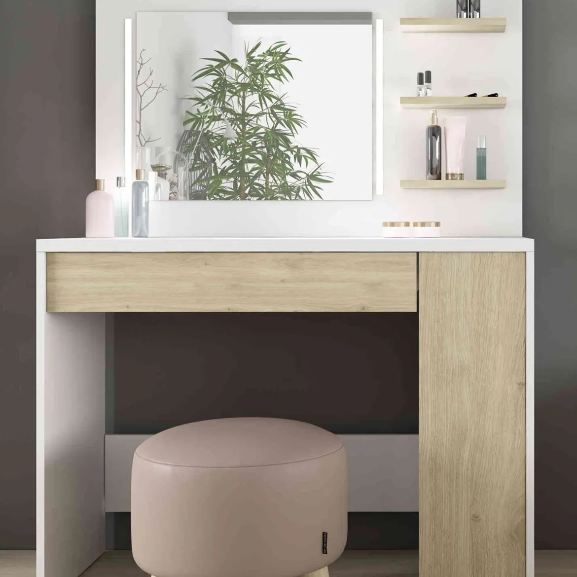 Coiffeuse enfant avec miroir en bois blanc et imitation chêne - CF9009
