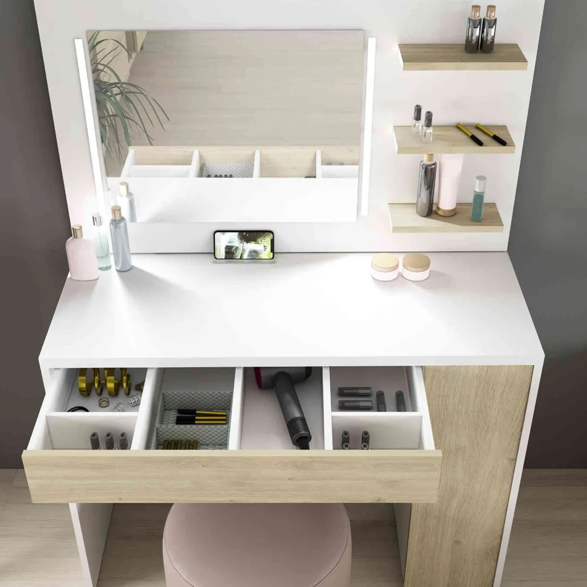 Coiffeuse enfant avec miroir en bois blanc et imitation chêne - CF9009