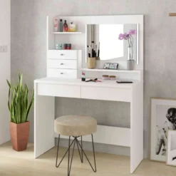 Coiffeuse 3 tiroirs avec miroir en bois blanc - CF9030