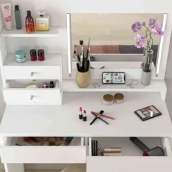 Coiffeuse 3 tiroirs avec miroir en bois blanc - CF9030
