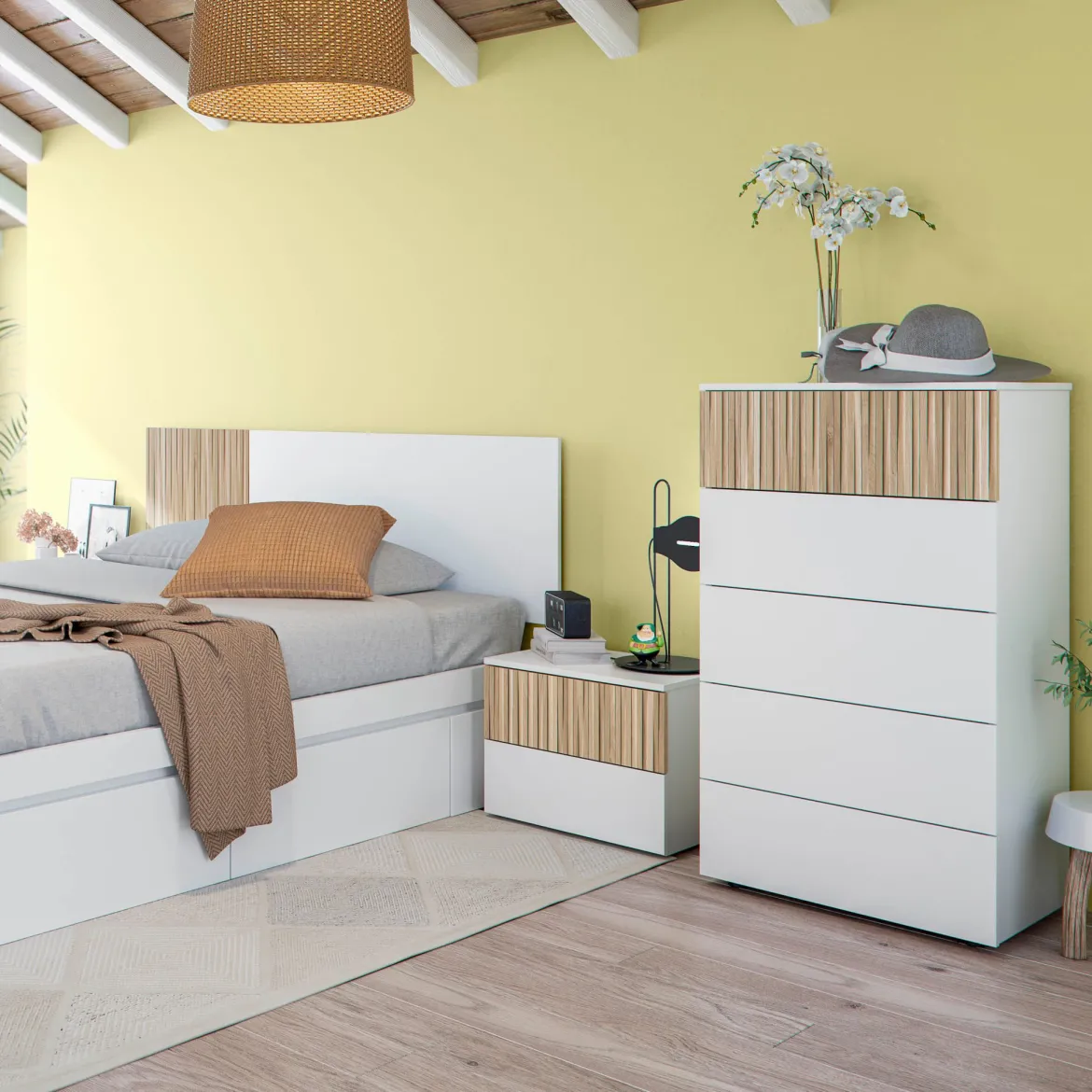Commode avec 5 tiroirs - Blanc et bois naturel - CO81006