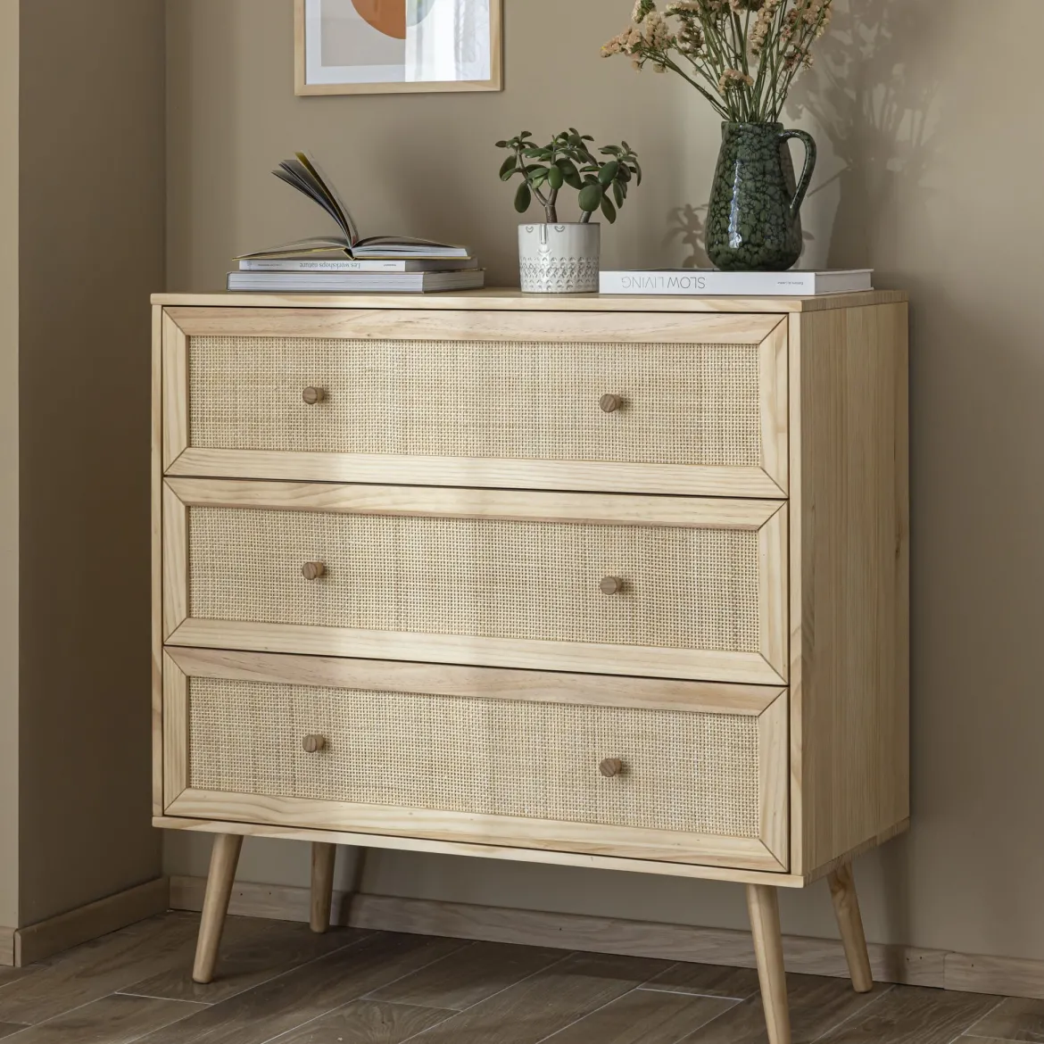 Commode cannage avec 3 tiroirs ANNA