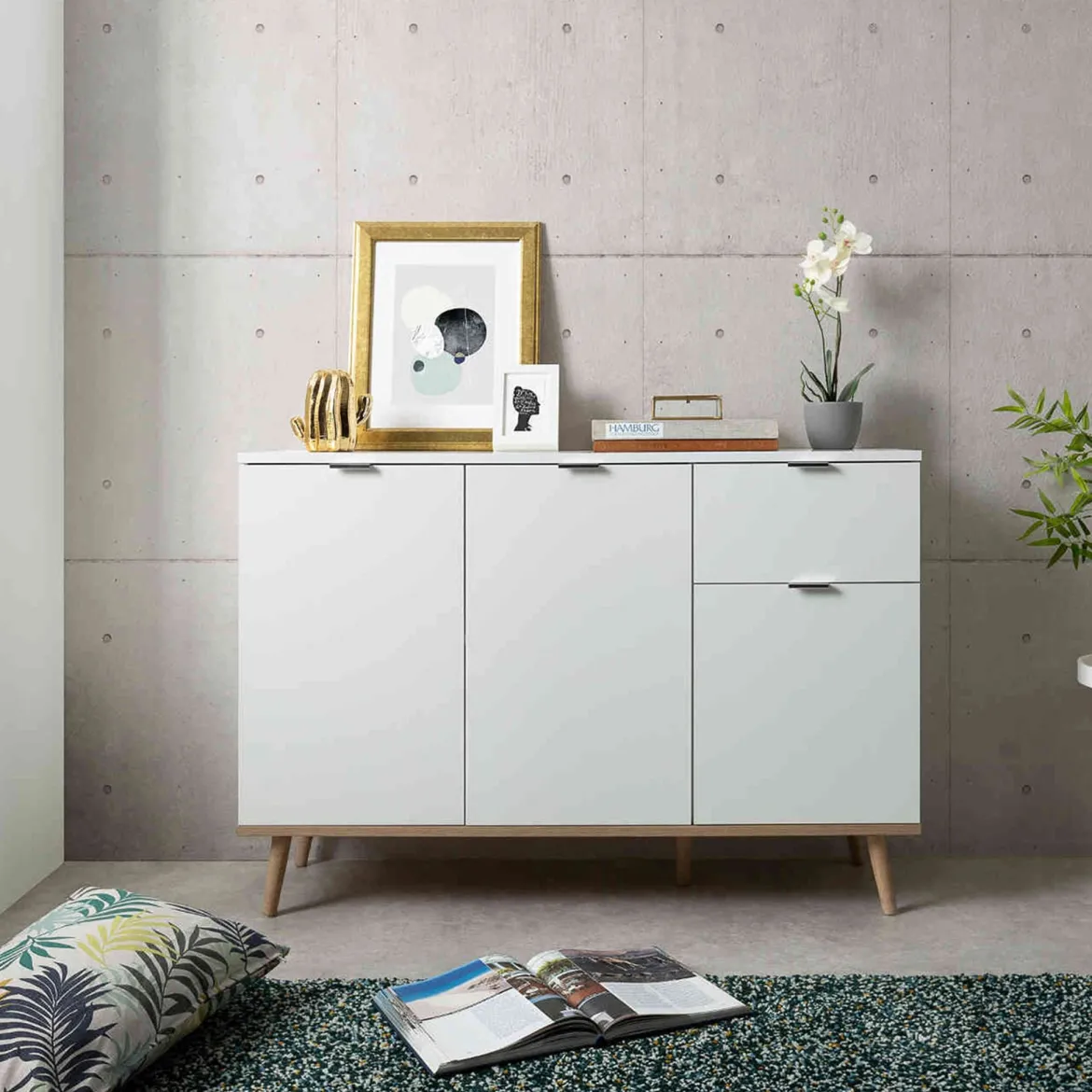 Commode 3 portes 1 tiroir blanc et imitation chêne - CO7080