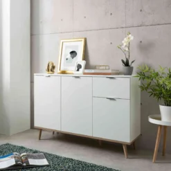 Commode 3 portes 1 tiroir blanc et imitation chêne - CO7080