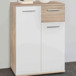 Commode 2 portes 1 tiroir en bois imitation chêne clair et blanc - CO7104