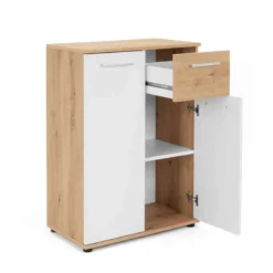 Commode 2 portes 1 tiroir en bois imitation chêne clair et blanc - CO7104