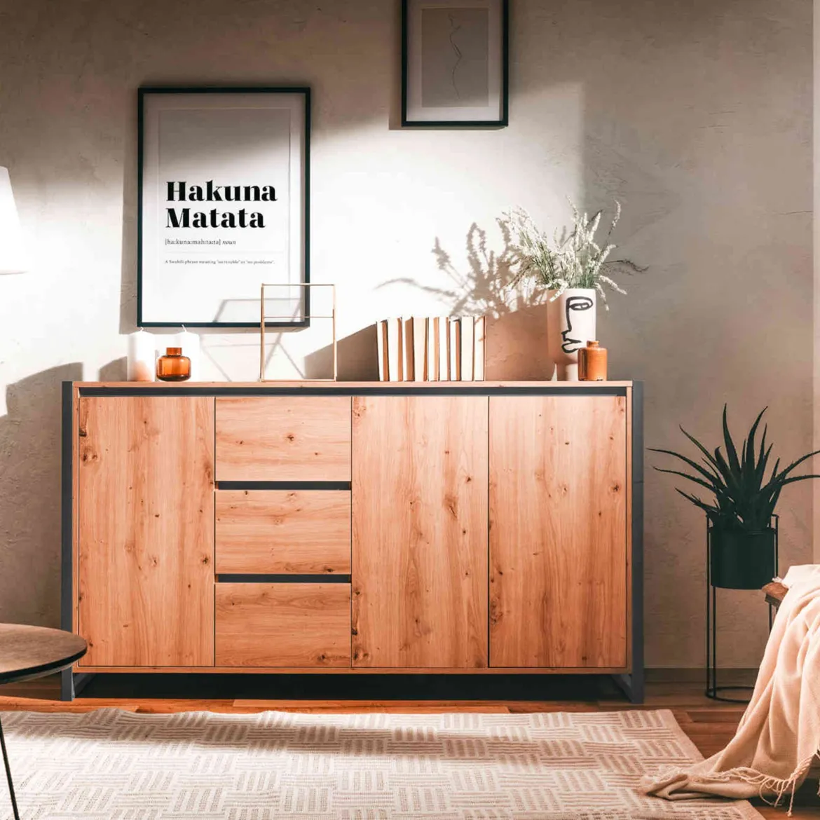 Commode 3 portes 3 tiroirs en bois imitation chêne - CO7109-3