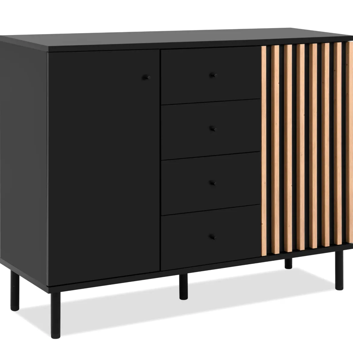 Commode 2 portes 4 tiroirs noir à lamelles