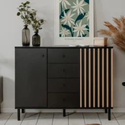 Commode 2 portes 4 tiroirs noir à lamelles