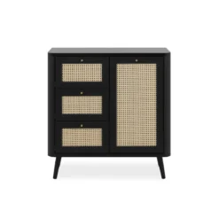 Commode 1 porte 3 tiroirs avec imprimé cannage PVC noir avec pieds en bois massif - CO7097