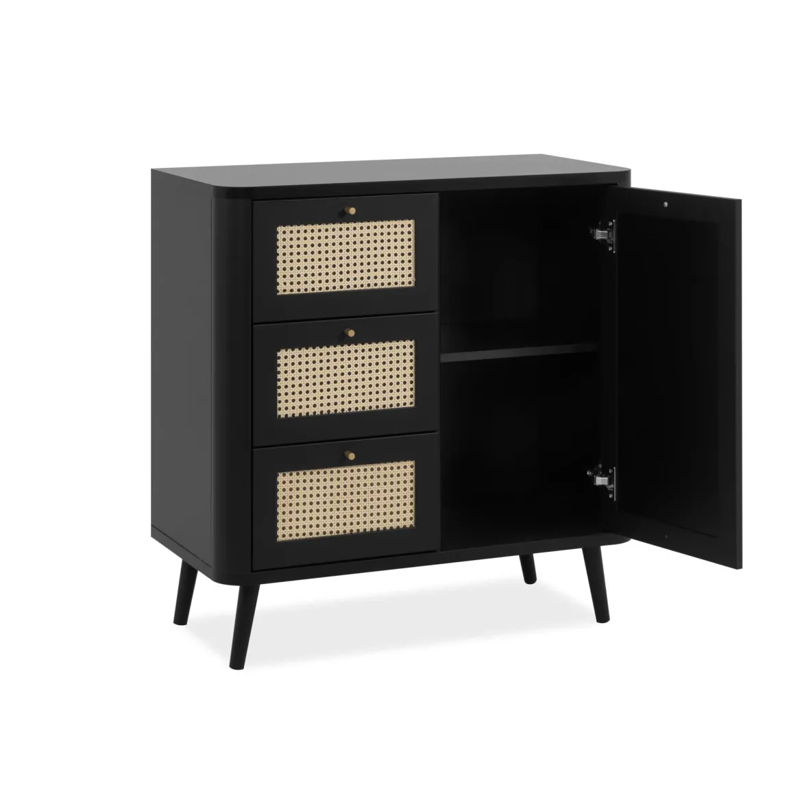 Commode 1 porte 3 tiroirs avec imprimé cannage PVC noir avec pieds en bois massif - CO7097