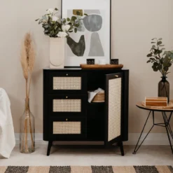Commode 1 porte 3 tiroirs avec imprimé cannage PVC noir avec pieds en bois massif - CO7097