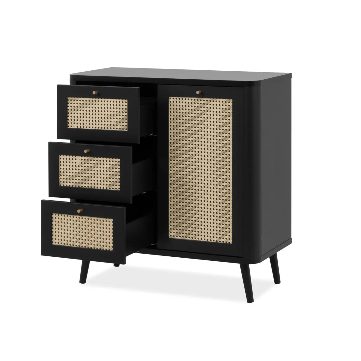 Commode 1 porte 3 tiroirs avec imprimé cannage PVC noir avec pieds en bois massif - CO7097