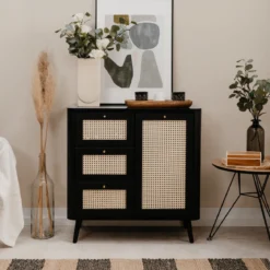 Commode 1 porte 3 tiroirs avec imprimé cannage PVC noir avec pieds en bois massif - CO7097
