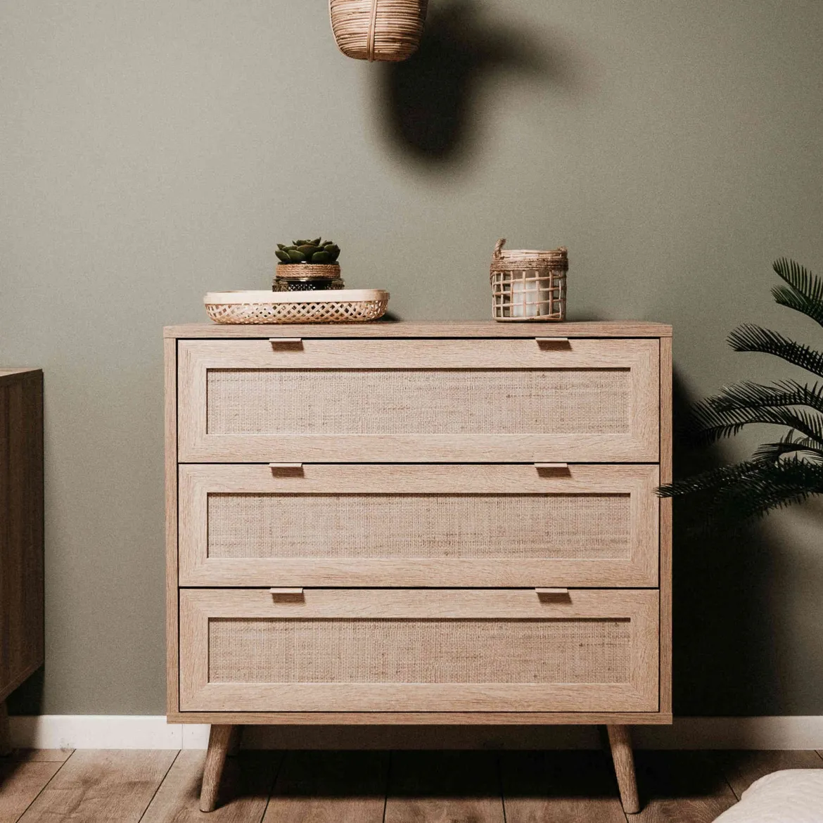 Commode 3 tiroirs en rafia imitation chêne sonoma imprimé cannage - CO7073-2