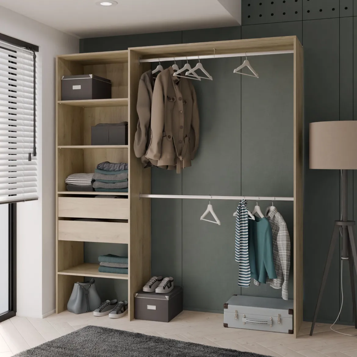 Dressing modulable avec étagères et tiroirs bois clair - DR118