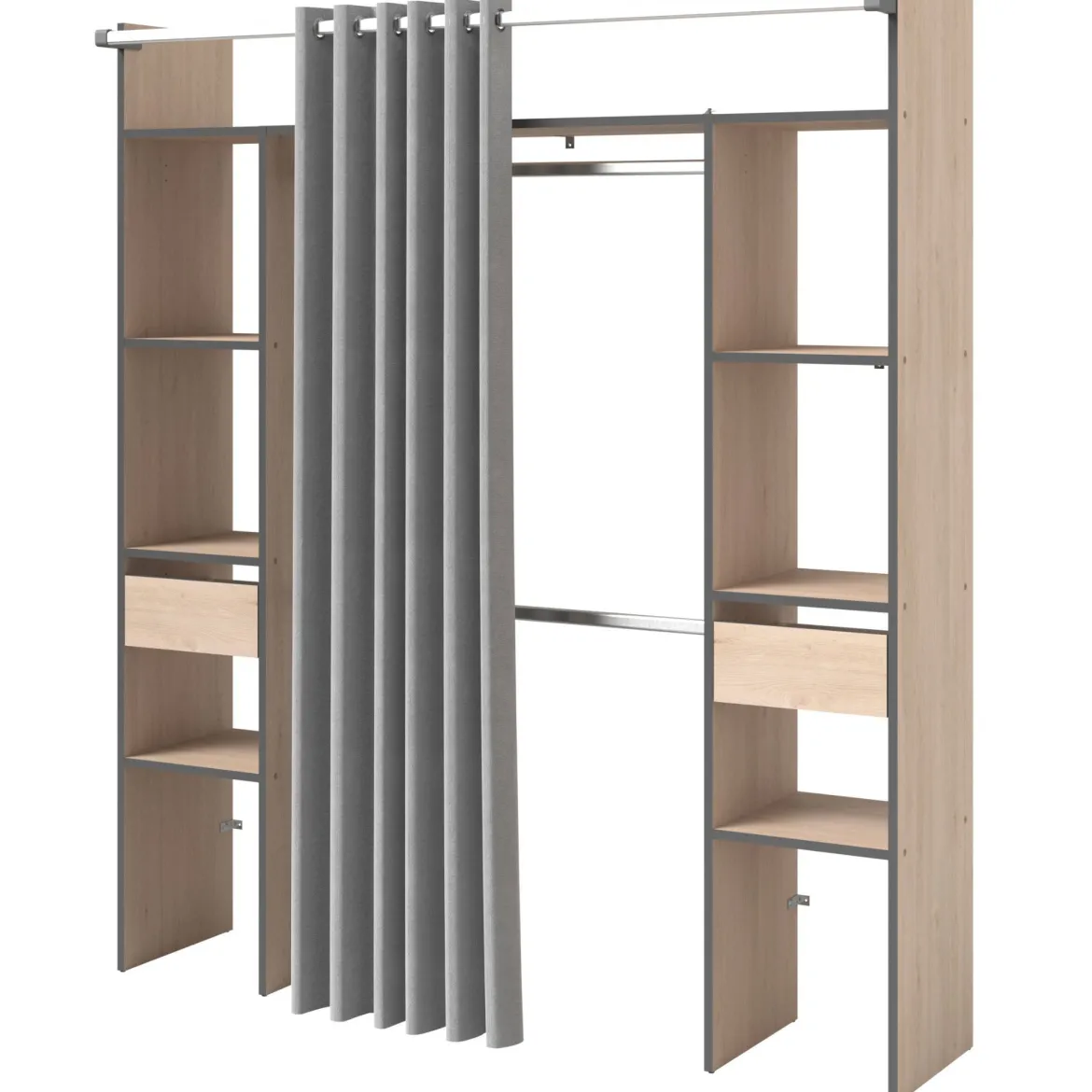Dressing ouvert avec rideau bois naturel et détails gris