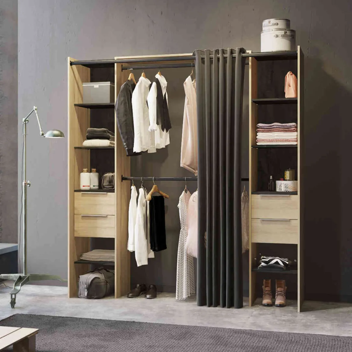 Dressing ouvert avec rideau, extensible en bois imitation chêne kronberg - DR185
