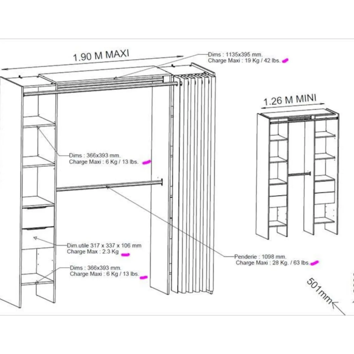 Dressing ouvert avec rideau, extensible en bois imitation chêne kronberg - DR185