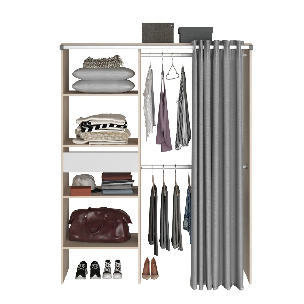 Dressing ouvert avec rideau et étagères