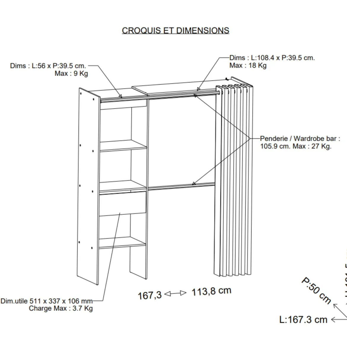 Dressing ouvert avec rideau, extensible