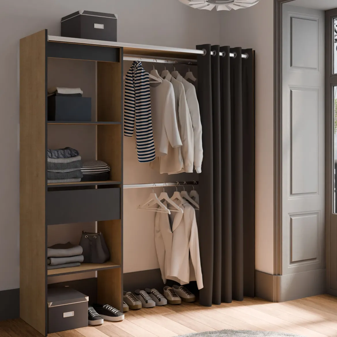 Dressing ouvert avec rideau, extensible