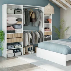 Dressing ouvert avec étagères et 3 tiroirs blanc et bois naturel - DR81008