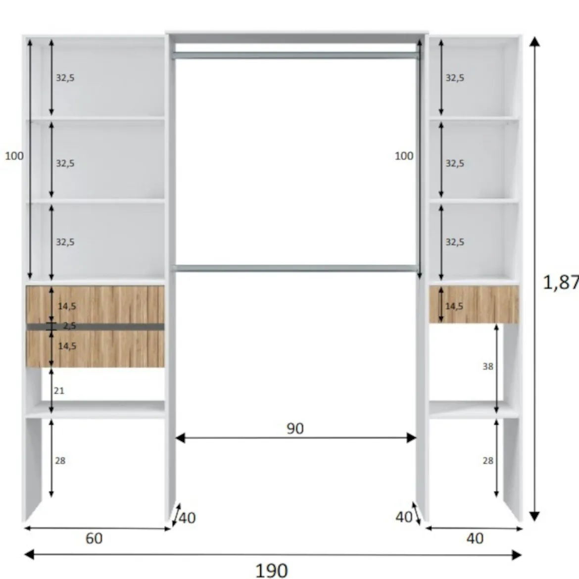 Dressing ouvert avec étagères et 3 tiroirs blanc et bois naturel - DR81008