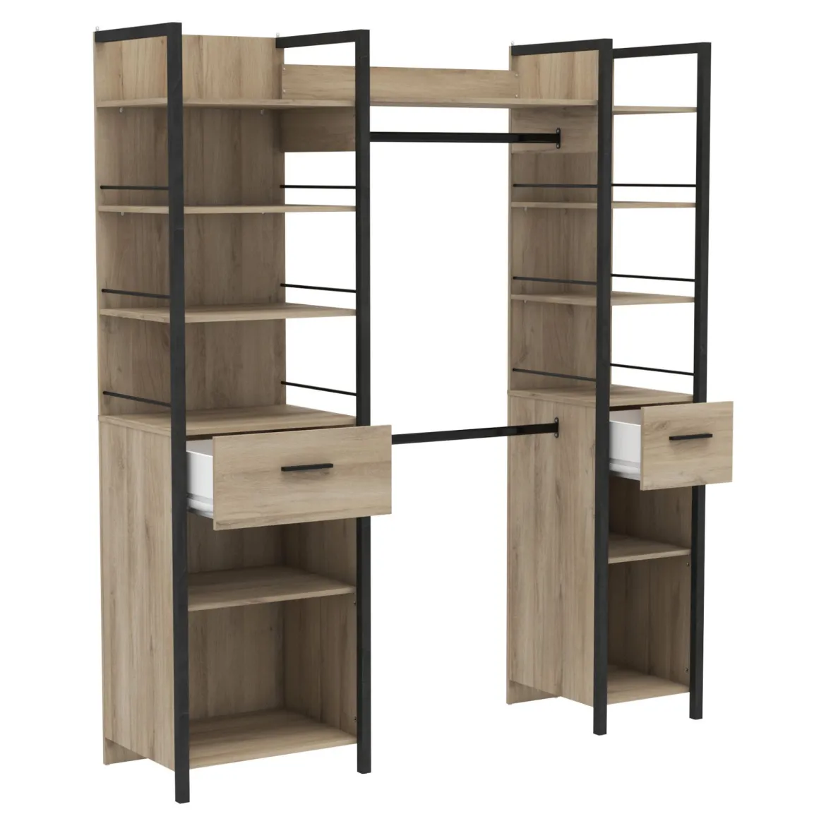 Dressing ouvert avec étagères et tiroirs bois clair - DR119