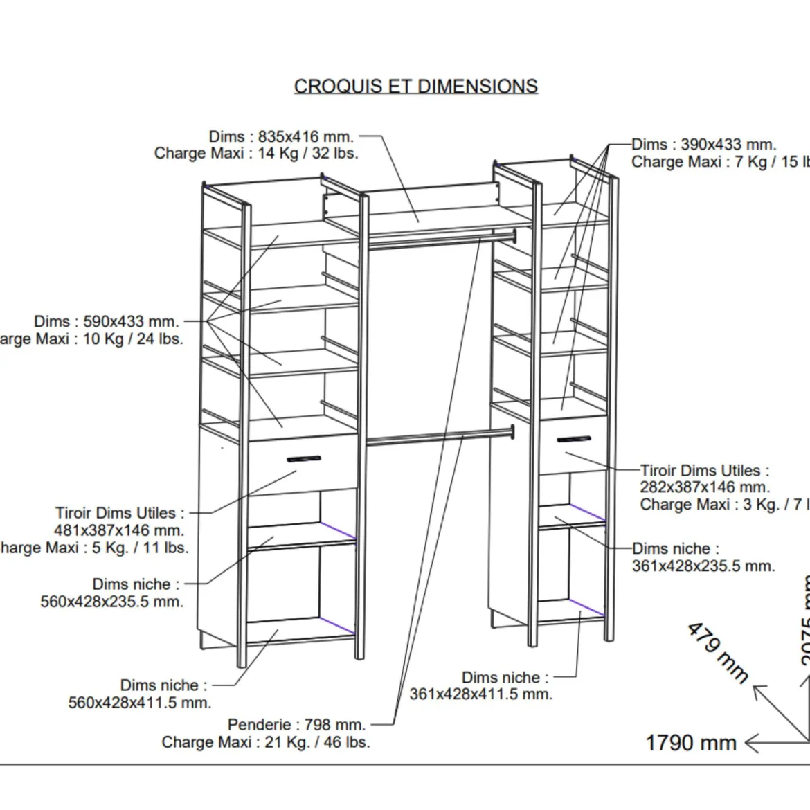 Dressing ouvert avec étagères et tiroirs bois clair - DR119