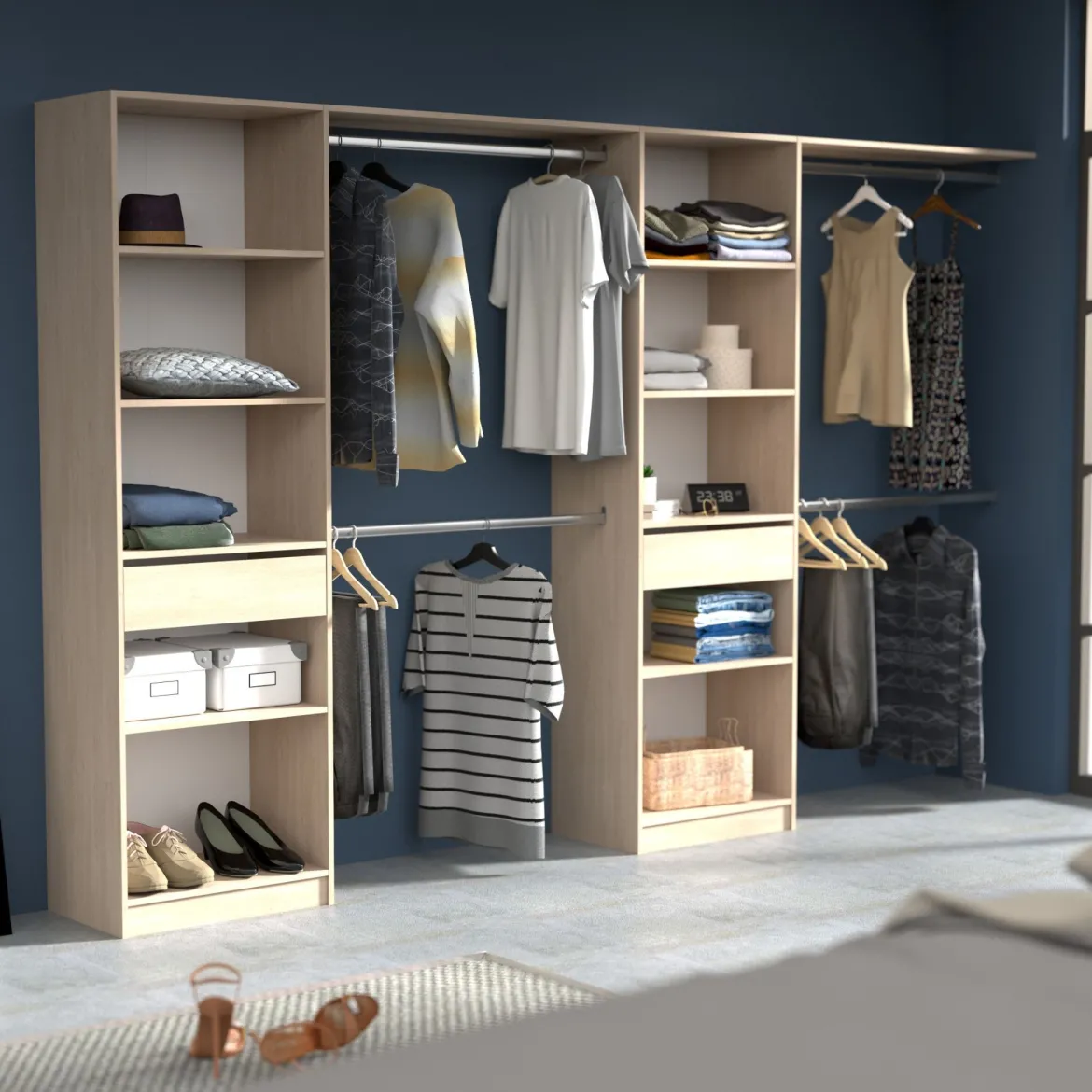 Dressing ouvert avec étagères, réversible bois naturel