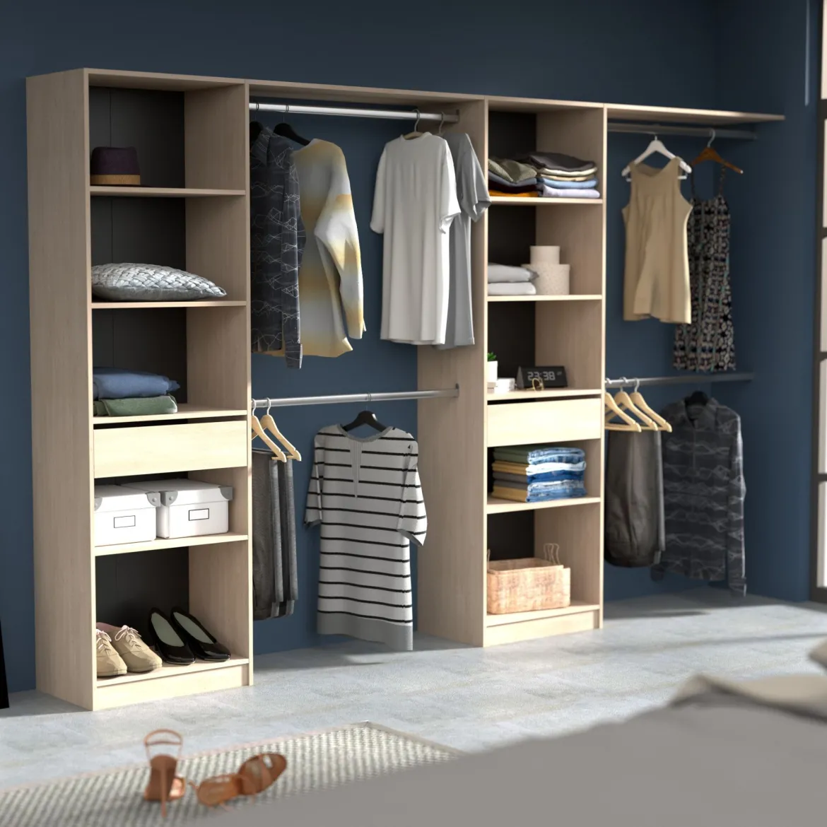 Dressing ouvert avec étagères, réversible bois naturel