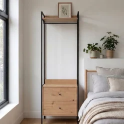 Dressing ouvert bois et métal avec tiroirs