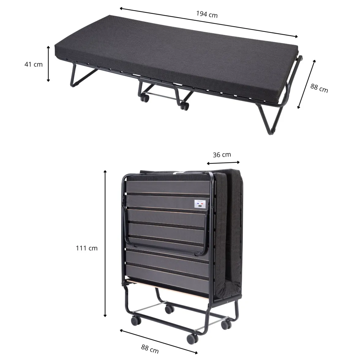 Ensemble lit d’appoint pliant sur roulettes avec matelas mousse 90x190 cm- Terre de Nuit