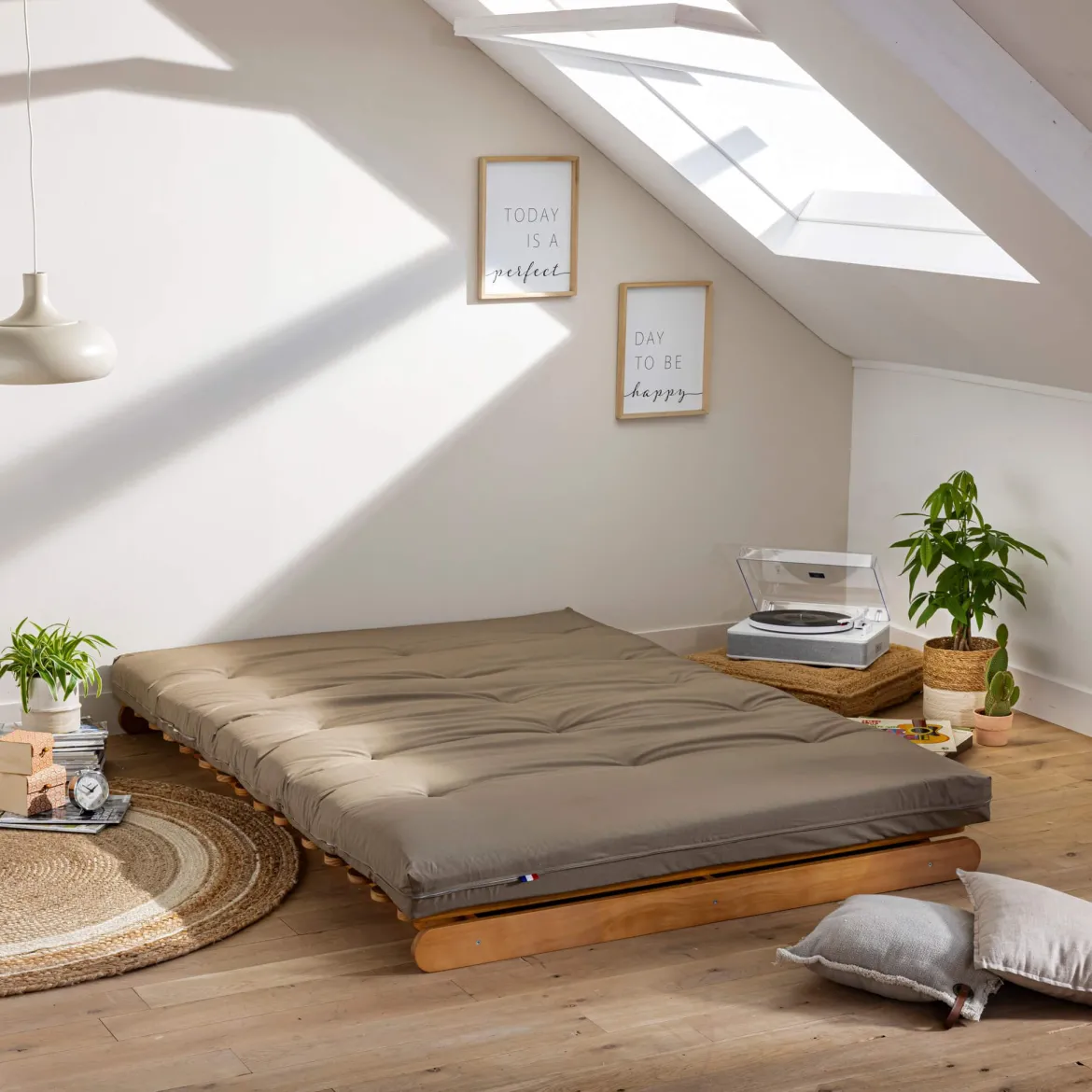 Ensemble matelas futon en coton et structure en bois massif naturel