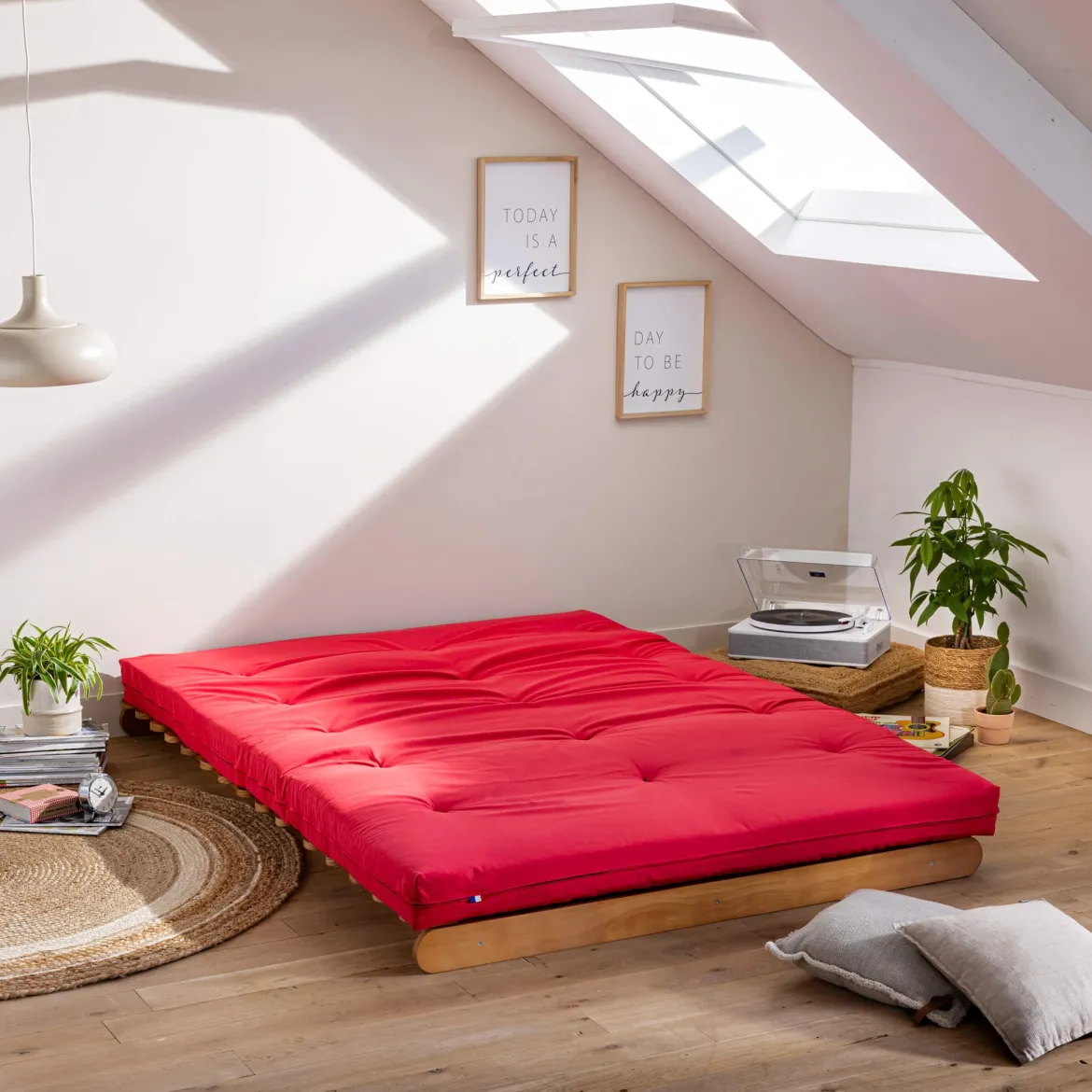 Ensemble matelas futon en coton et structure en bois massif naturel